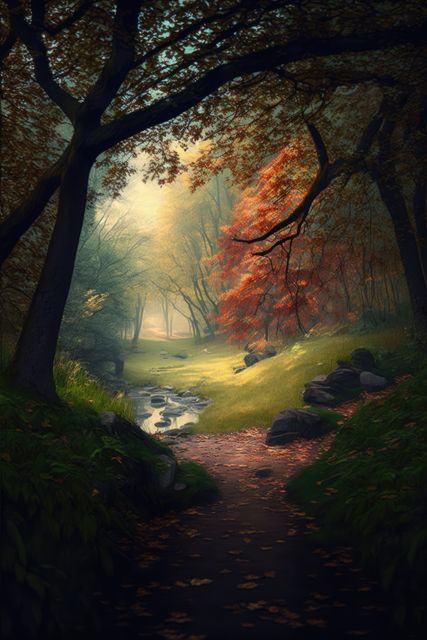 Forest scenery with trees, rocks and stream created using generative ai technology. Autumn, landscape and nature concept digitally generated image.