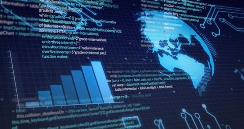 Holographic Data Analytics Dashboard Showing Global Network, Bar Charts and Code Overlay