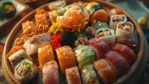 Close-Up Dolly Shot of Colorful Sushi Platter with Varied Textures