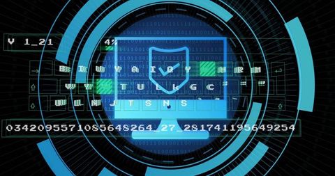 Cybersecurity Dashboard with Shield and Futuristic HUD Rings Showing Encryption Interface