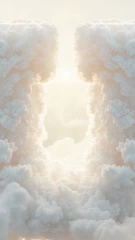 Vertical video of towering cumulus cloud walls parting to reveal sunlit heavenly passage