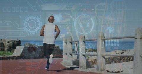 Senior Man Running on Promenade with Futuristic Data Overlay - Download Free Stock Images Pikwizard.com
