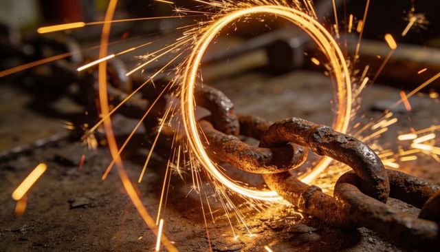 Circular sparks encircling rusted steel chain on worn workbench, industrial workshop glow