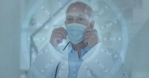 Senior Doctor Adjusting Surgical Mask with Tech Overlay in Hospital - Download Free Stock Images Pikwizard.com