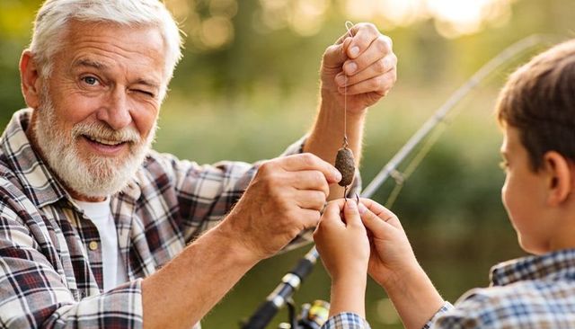 Grandfather winking teaching grandson tying fishing hook lakeside sunset
