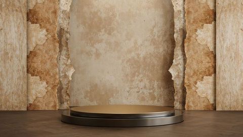 Minimalist metallic platform against aged plaster wall in modern setting