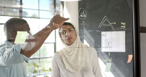 Diverse team brainstorming innovative business strategy on glass board