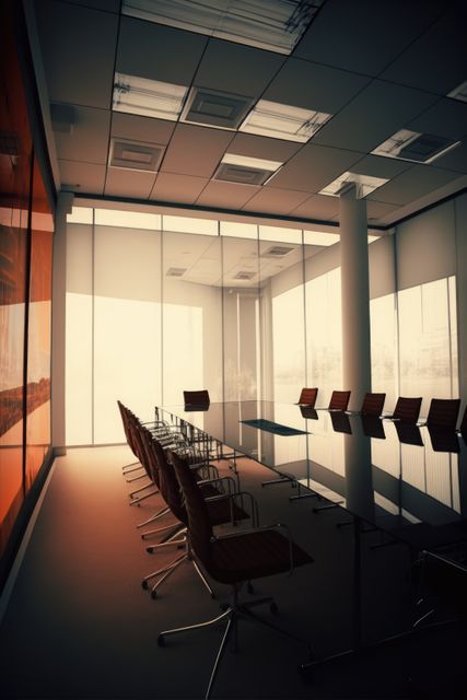 This modern office conference room features a long glass table surrounded by ergonomic chairs. Sunlight filters through large glass windows, casting a warm glow across the professional, sleek interior. Ideal for illustrating contemporary office environments, corporate meetings, and professional workspaces, this image can be used for business-focused marketing materials, presentations, and website backgrounds.