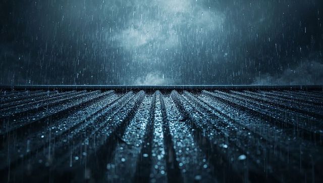 Dramatic rain falling on corrugated metal roof