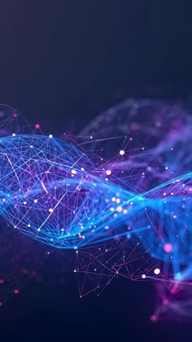 Vertical neon data wave animation undulating mesh with pulsing nodes for technology video