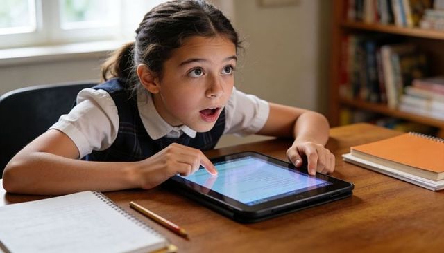 Surprised schoolgirl discovering interactive lesson on tablet during study at desk