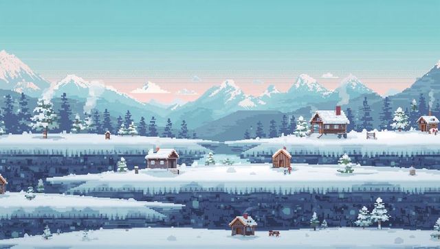 Snow-covered wooden cabins dotting tiered alpine valley with pastel dawn sky and frozen lake