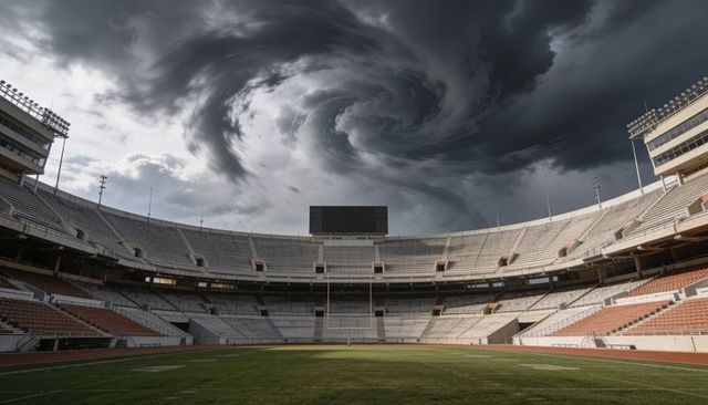 Storm vortex swirling over empty stadium bowl with goalposts and dramatic thunderstorm lighting