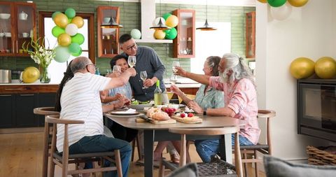 Joyful Senior Friends Celebrating with Toast at Home Gathering