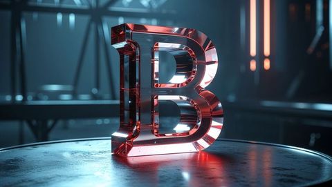 Translucent red glass letter b on metallic surface