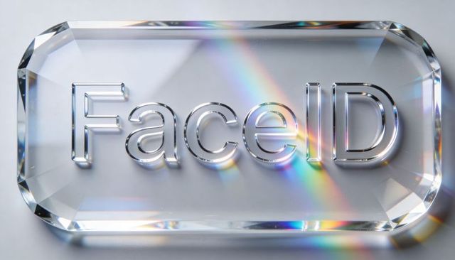 Faceted crystal plaque engraved faceid casting rainbow prism streaks on neutral matte