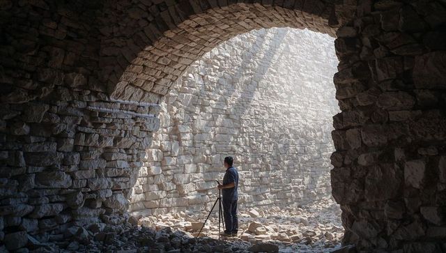 Photographer adjusting tripod inside sunlit stone arch ruin with dramatic masonry texture