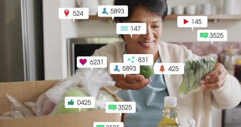 Indian woman unpacking groceries and checking greens with social media overlays