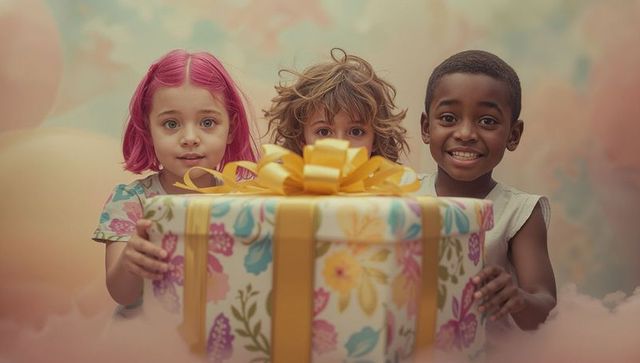 Diverse Children Celebrating With Floral Gift Box and Balloons