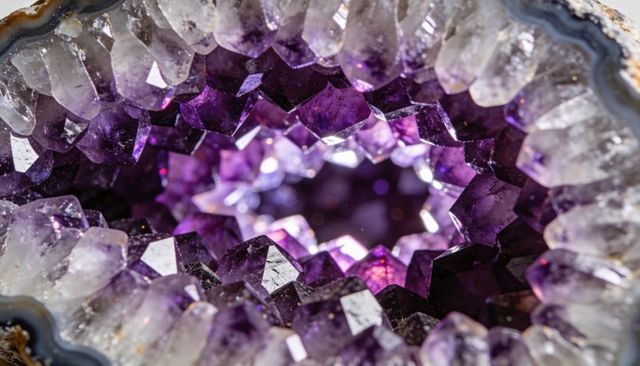 Amethyst geode cavity glinting with deep purple crystals macro closeup sparkling quartz