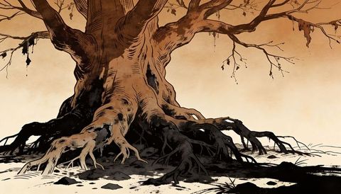 Gnarled ancient tree with exposed roots on sepia plain inkwash, solitary silhouette