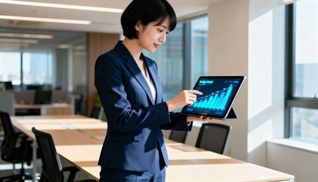 Businesswoman presenting tablet analytics with rising bar chart in modern conference room