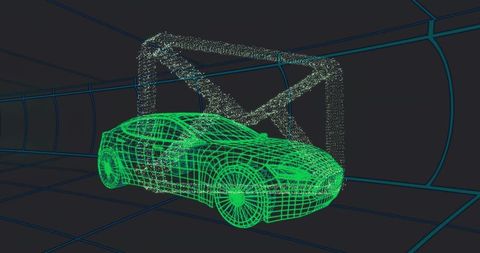 Neon-green wireframe sports car rotating under particle gantry in futuristic virtual chamber