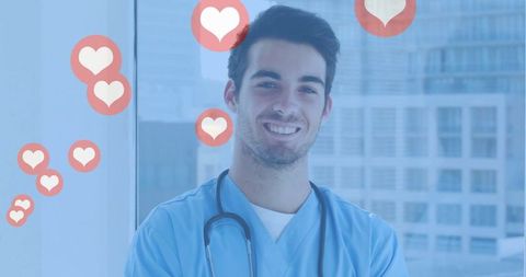 Confident Young Doctor in Hospital Setting with Heart Icons