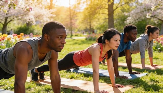 Diverse group holding high plank on spring park lawn during outdoor fitness class