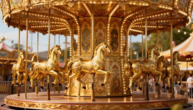 Golden carousel horses glowing under vintage canopy ornate gilded carnival ride at twilight