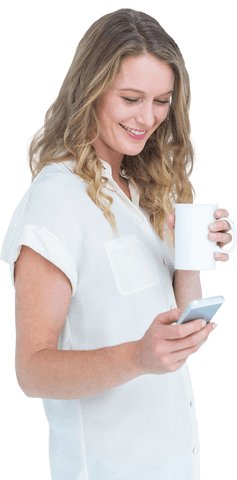 Smiling Woman with Smartphone and Coffee on Transparent Background - Download Free Stock Videos Pikwizard.com