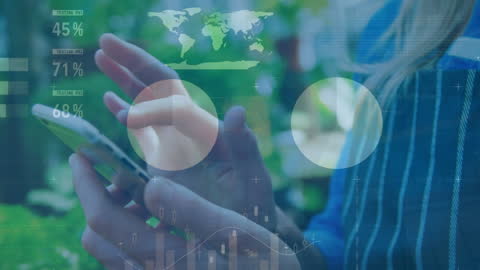 Digital Financial Data Overlay on Woman Using Smartphone Outdoors