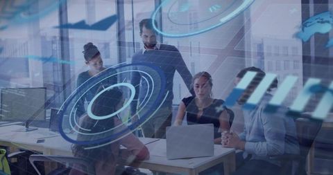 Team Collaborating on Digital Data Analysis in Modern Office Setting