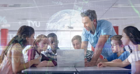 Diverse Students Learning with Laptop and Digital Interface Concepts