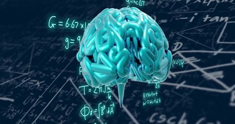 3d brain hologram with mathematical equations in background