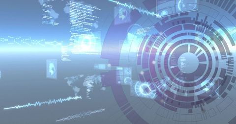 Projecting circular holographic HUD with floating code panels, data waveforms and map traces