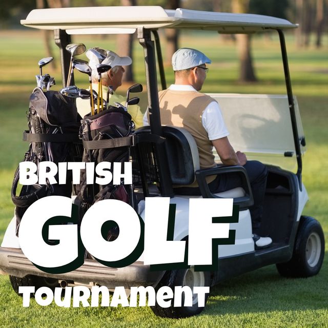 Digital composite image of british golf tournament text with men sitting in golf cart. sport, competition and golf game concept, open championship, golf tournament.