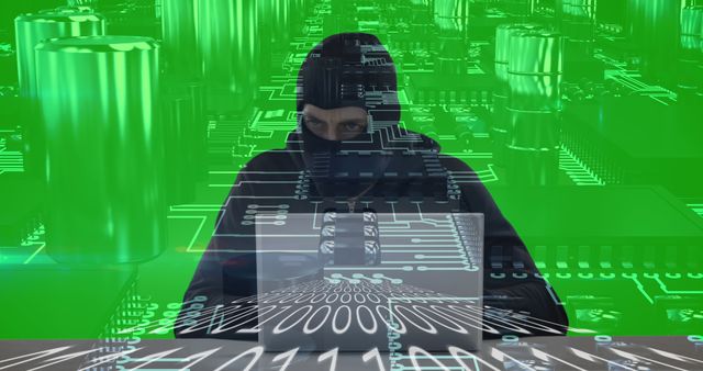 A hacker in a black hood operating amidst a complex computer network, signifying cybercrime and data breaches. Suitable for illustrating topics related to cybersecurity, cyber threats, and hacking activities, useful in blogs, articles, and educational materials about internet safety.