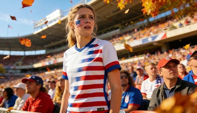 Young american fan standing in crowded stadium wearing usa striped jersey and flag decal