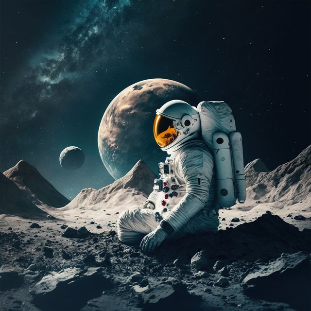 Astronaut sitting on moon and admiring planets, created using generative ai technology. Space, planets and astronaut concept, digitally generated image.