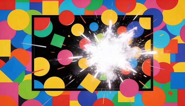 Colorful geometric explosion bursting from black frame with bright circles and squares