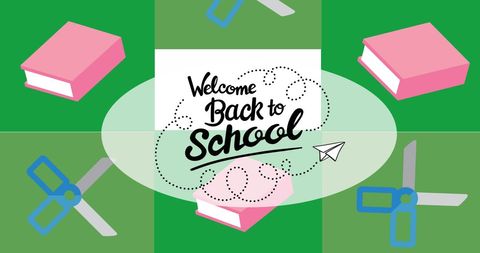 Welcome back to school with educational icons and green background
