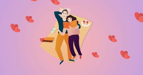 Romantic couple relaxing with a book on pink background