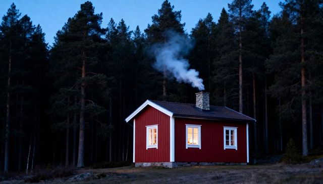 Cozy red cottage glowing warm light with smoking chimney at dusk in pine forest clearing