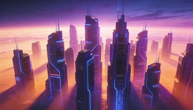 Neon dawn over futuristic megacity skyscrapers piercing mist with central spire glowing