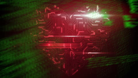 Digital Heart with Red Circuit Design on Black Background