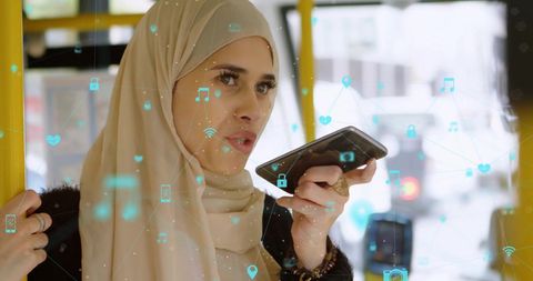 Connected woman uses voice assistant on public transport