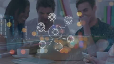 Team Brainstorming Interaction with Futuristic Graphics Overlay