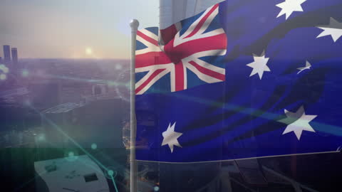 Australian Flag Waving Over Cityscape with Digital Connections