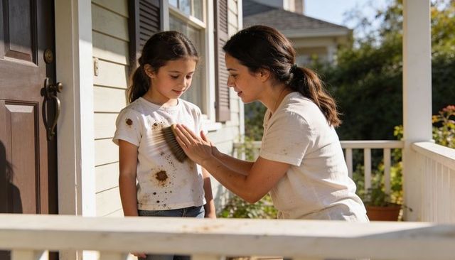 Mother brushing mud from child's stained white t-shirt on sunny front porch nurturing care
